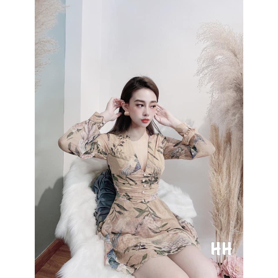 VÁY HOA 3D CỔ CHỮ V DÁNG XOÈ