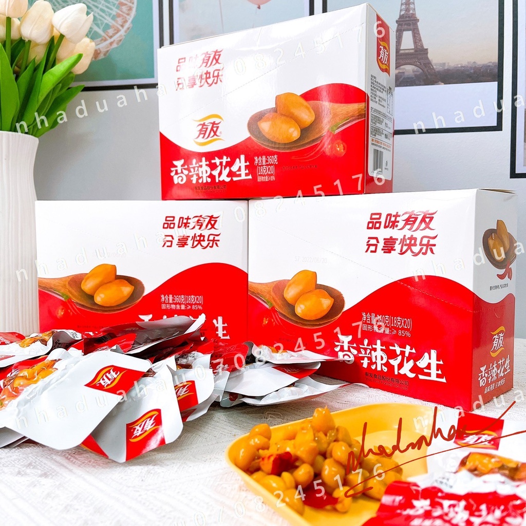 Sỉ - Hộp gồm 20 gói ăn vặt đậu phộng / lạc xào cay ngũ vị Hongkong gói 18 gam