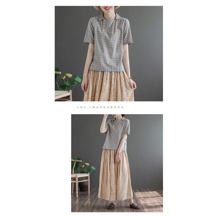 Áo Sơ Mi Nữ Tay Ngắn Dáng Rộng Họa Tiết Caro Chất Liệu Cotton Lanh Thời Trang Cho Nữ