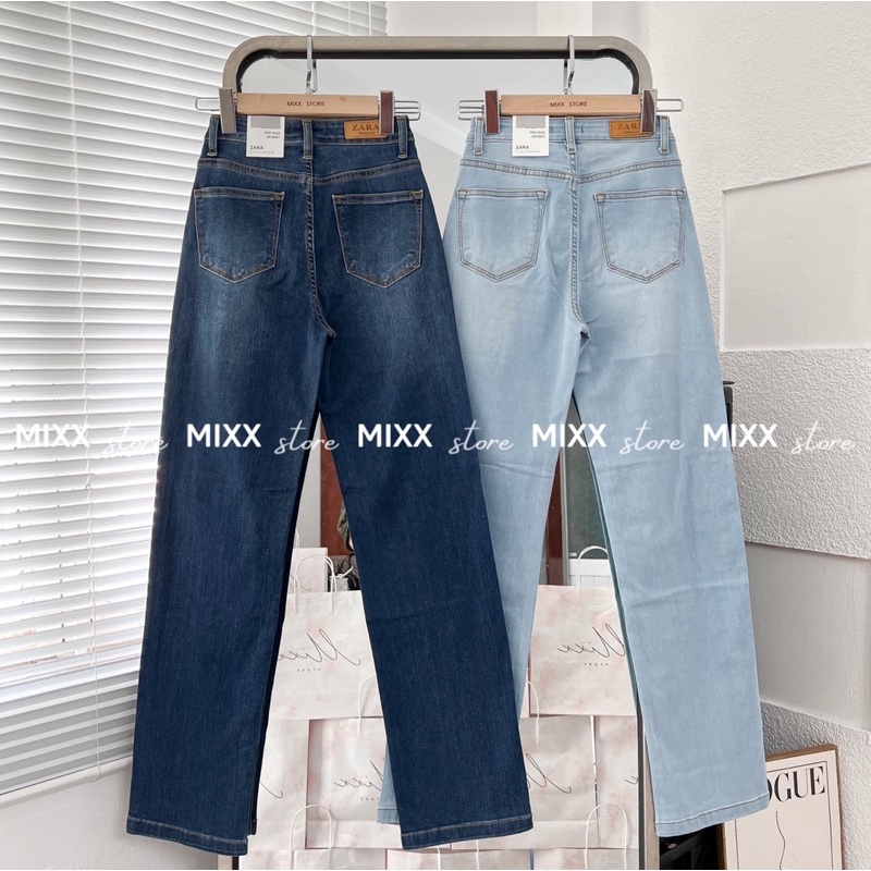 Quần jean nữ ống suông Zara lưng cao chất co giãn thoải mái phom dài 98cm tôn dáng