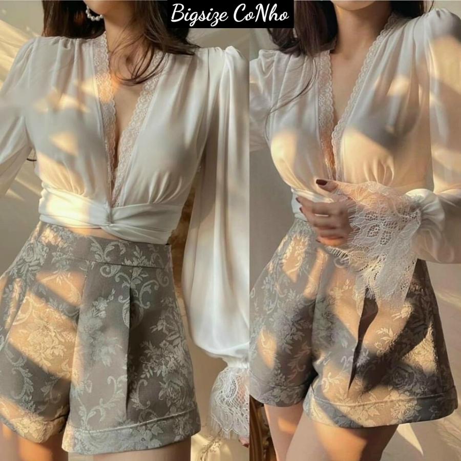 Áo somi croptop , Áo kiểu bigsize nữ cổ bèo cột dây nơ SM02
