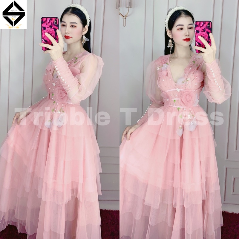 Đầm xoè tay dài lưới tầng xếp kết hoa nổi TIPBLE T DRESS -MS27V-Size S/M/L/XL đến 64kg