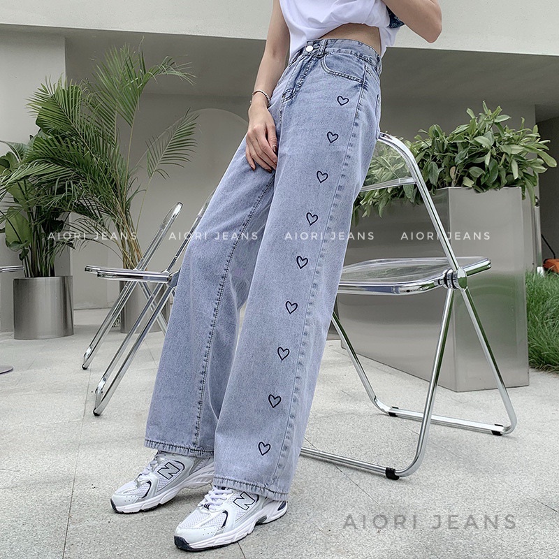 Quần Jeans Nữ, Quần Bò Nữ Aiori Ống Rộng Cạp Cao Họa Tiết Trái Tim Đen Bò Suông Phong Cách Thời Trang Hàn Quốc_Mã 3336