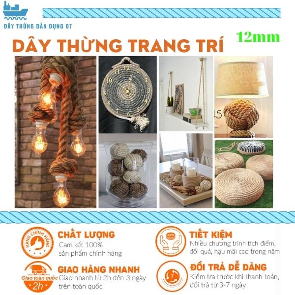 Size 12mm -10 mét Dây thừng trang trí nhà cửa, dây gai, làm xích đu, làm kệ treo tường, đuôi đèn bằng dây thừng