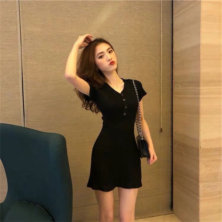 Đầm nữ SUXI màu trơn cổ phối nút phong cách retro thời trang mùa hè