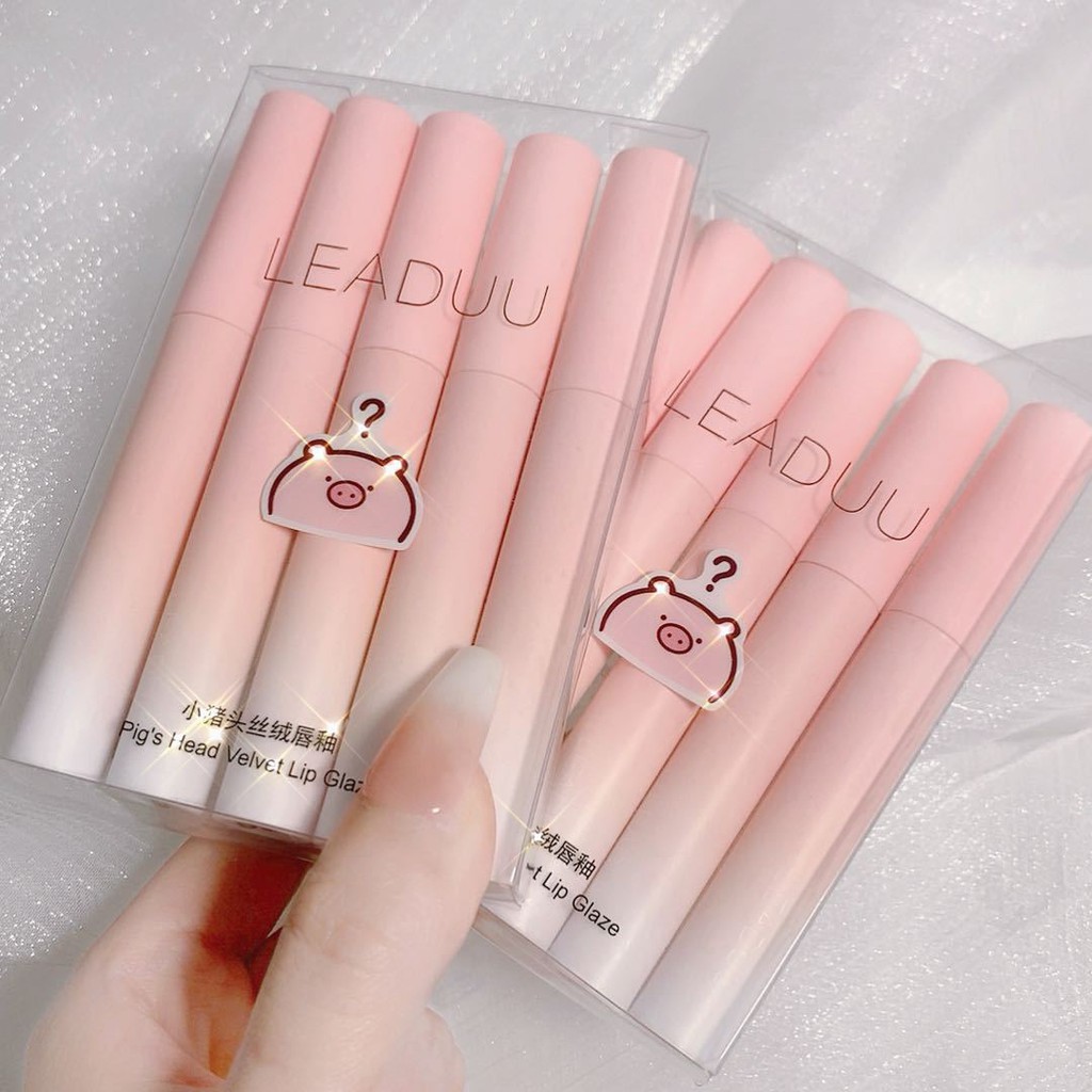 Set son 5 cây son kem lì lâu trôi LEADUU heo hồng dễ thương hàng nội địa trung lên màu đẹp giá rẻ Pigs head velvet lip