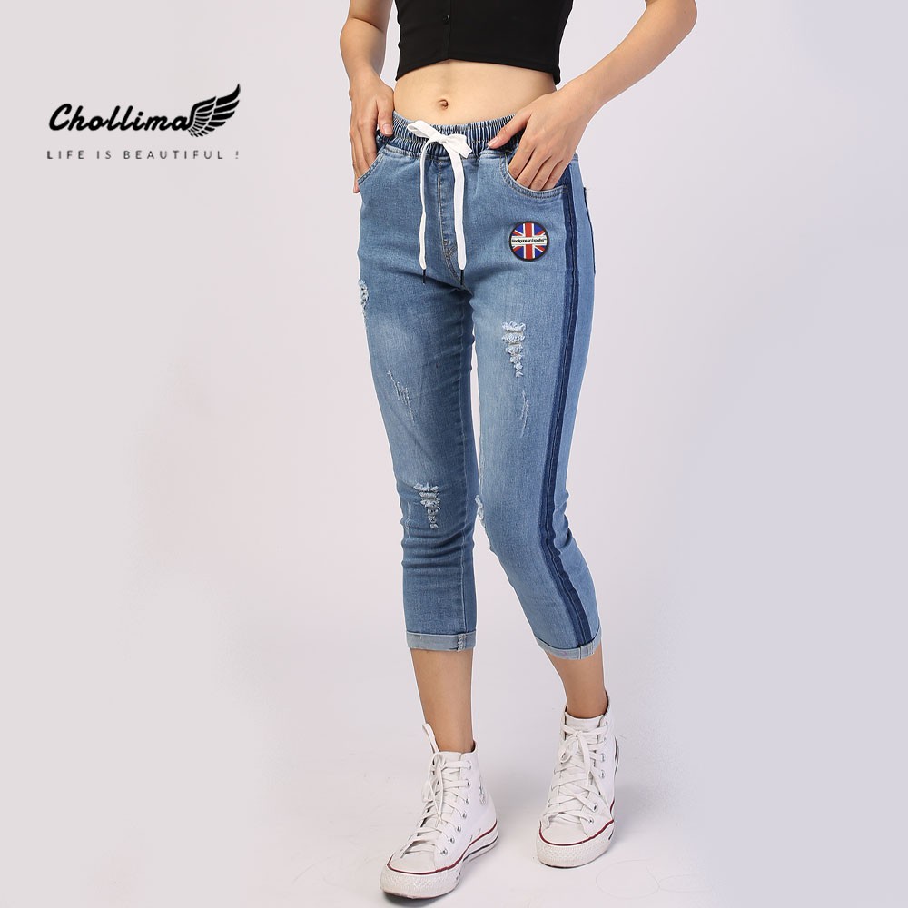 Quần jeans nữ lưng thun Chollima 2 viền màu xanh nhạt QD019 - Quần bò 9 tấc lưng thun