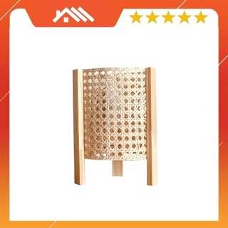 Đèn ngủ để bàn thân gỗ khung mây tự nhiên để đầu giường, trang trí phòng ngủ