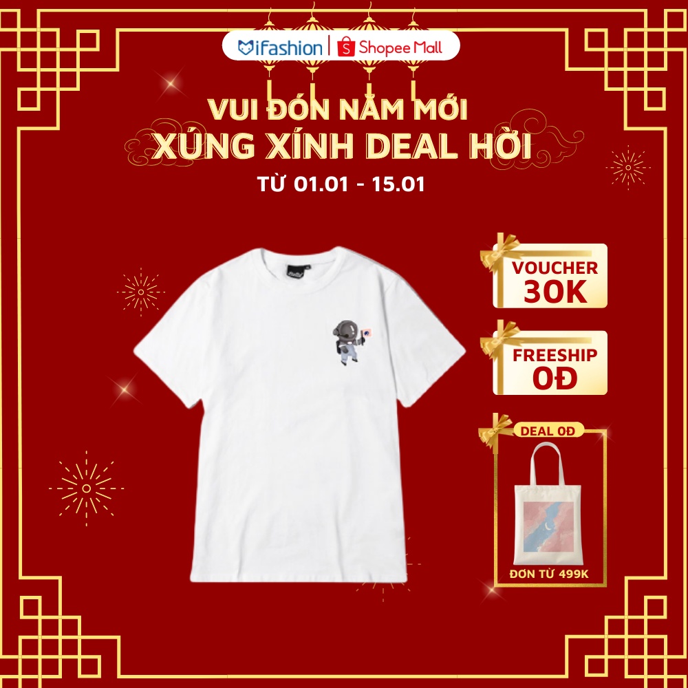 Áo thun tay lỡ iFashion 100% cotton dáng unisex form rộng in hình phi hành gia cầm lá cờ M005