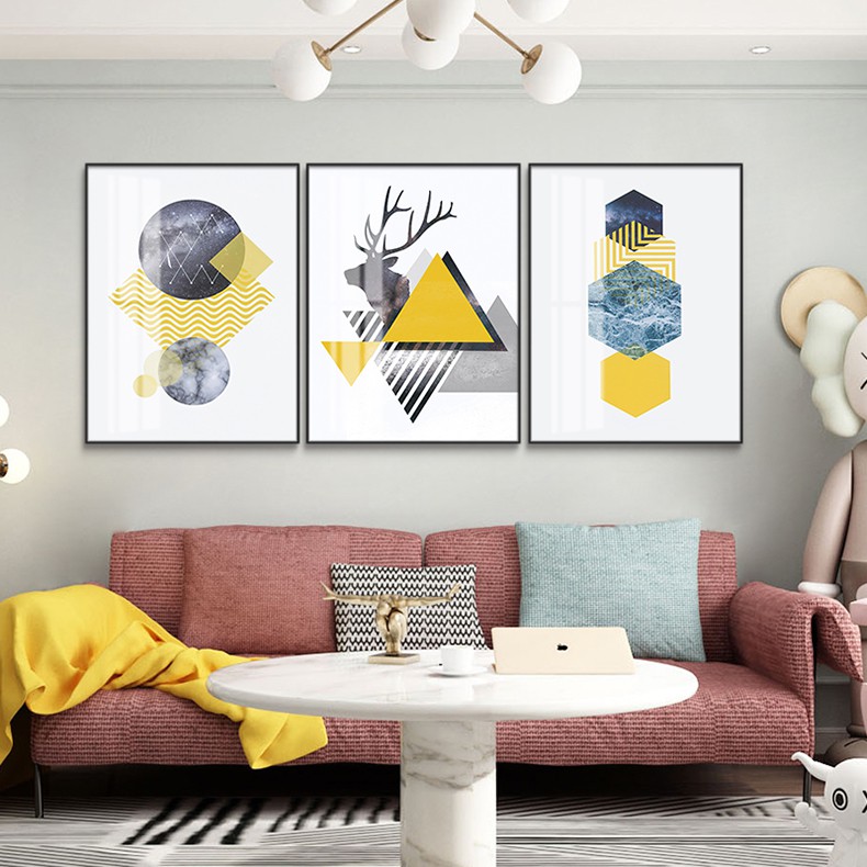 Tranh canvas Bắc Âu trừu tượng hình học elk ba tranh sơn trang trí phòng khách sofa phòng ăn bức tranh tường phòng ngủ