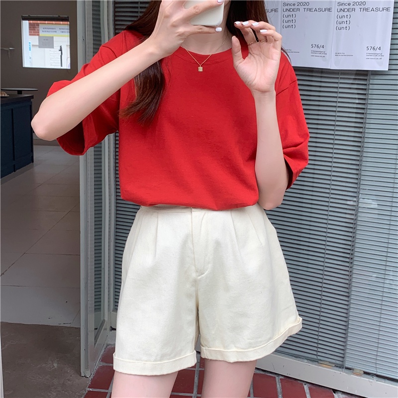 Áo thun SUXI tay ngắn dáng rộng màu trơn xẻ tà thời trang mùa hè cho nữ