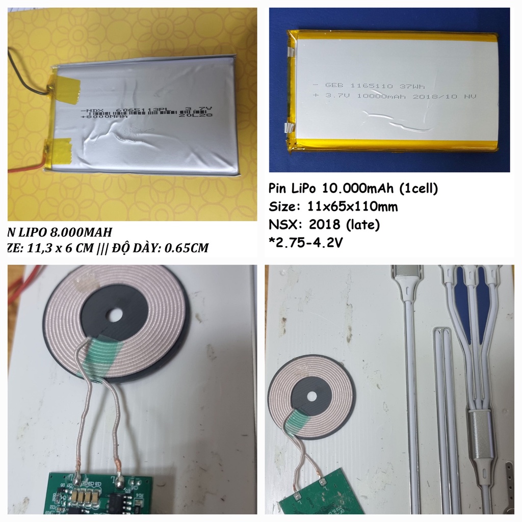Pin LiPo 10.000mAh 1 cell 3.7V kèm mạch sạc không dây, đế cáp sạc