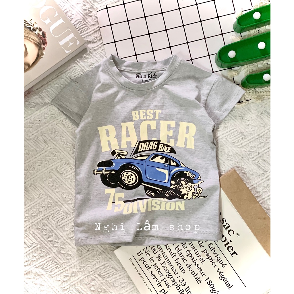 Áo thun ngắn tay bé trai chất liệu thun cotton 100% co giản 4 chiều in hình ô tô cho bé từ 8-36kg