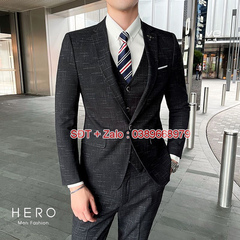 Bộ Vest Nam Cao Cấp Hàn Quốc màu kẻ đen, Bộ Suit Nam thanh niên chất vải sịn dáng ôm
