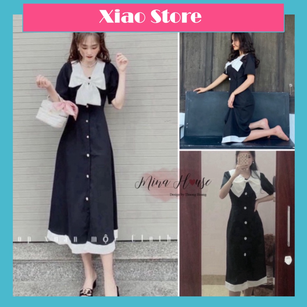Váy tiểu thư dự tiệc dáng dài thắt nơ trắng mina’s house. babydoll váy xinh ulzzang - Váy mầu đen xiao shop