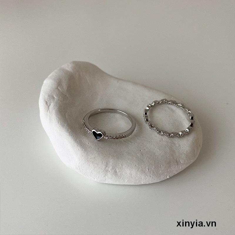 Set 2 nhẫn màu đen hình trái tim mạ bạc gợn sóng tùy chỉnh phù hợp làm quà tặng cho nữ đi tiệc