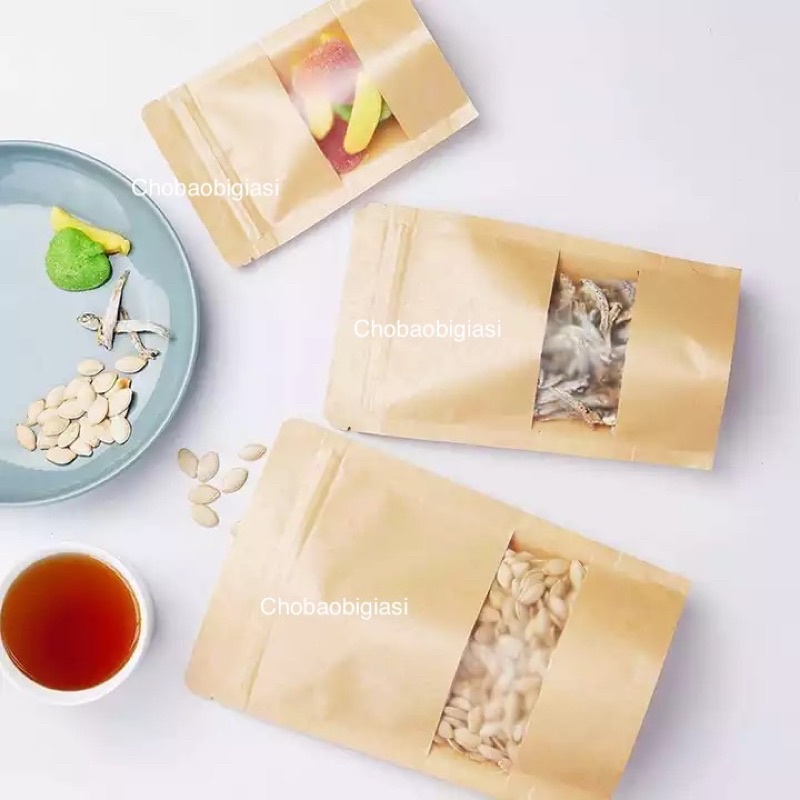 Túi zip giấy Kraft Vàng đáy đứng cửa sổ tràn có CÁN MÀNG - CHỐNG THẤM NƯỚC