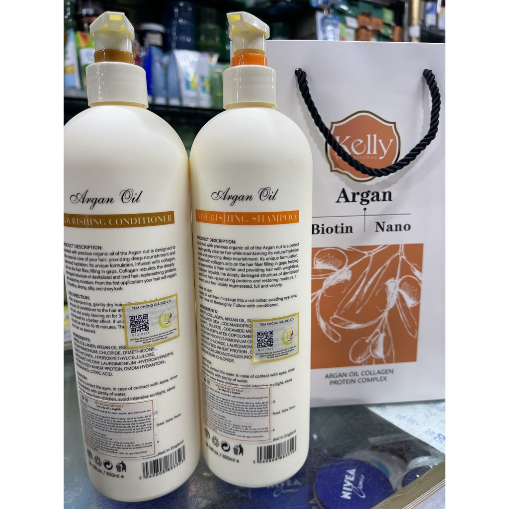 Cặp Dầu Gội Xả Cao Cấp Kelly Argan Biotin Nano 800ml x2