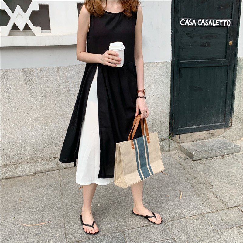 Đầm đen sát nách kiểu phối xẻ tà Hàn Quốc ulzzang