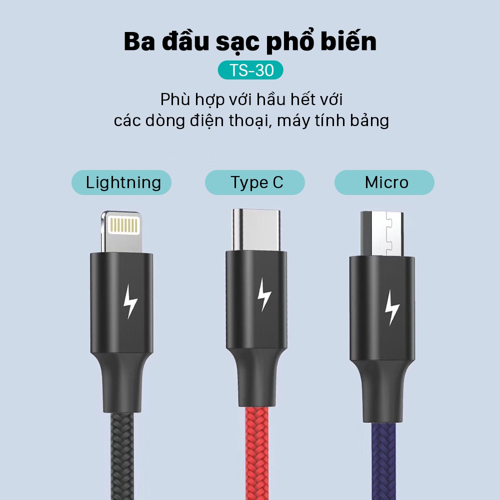 Dây sạc 3 đầu FENGZHI X116 bộc dù 3A cáp sạc chính hãng cho iPhone Samsung Oppo Vivo Huawei Xiaomi