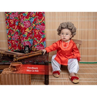 Set bà ba đỏ lụa hàng may thiết kế cho bé