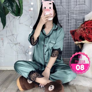 Đồ bộ pijama phi lụa viền ren tay lỡ size dưới 60kg