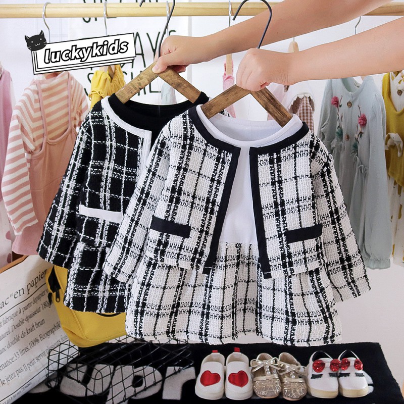 Set Đồ 2 Món Áo Khoác Cardigan + Đầm Sọc Ca Rô Đen Trắng Thời Trang Xuân Thu Cho Bé Gái