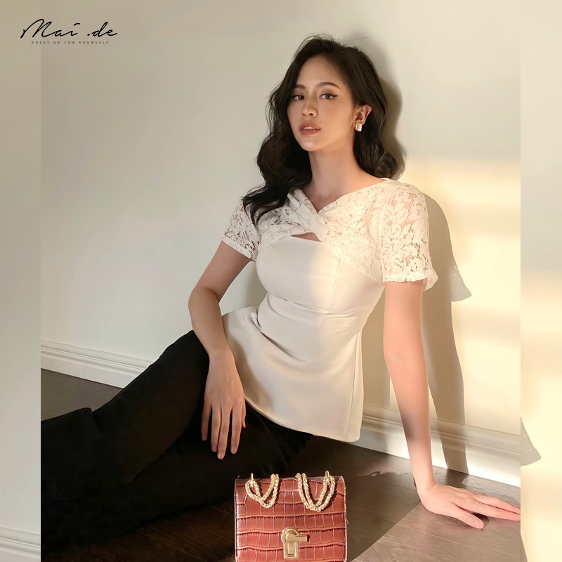MAI.DE Áo cổ tròn phối ren kiểu dáng peplum FIATO TOP