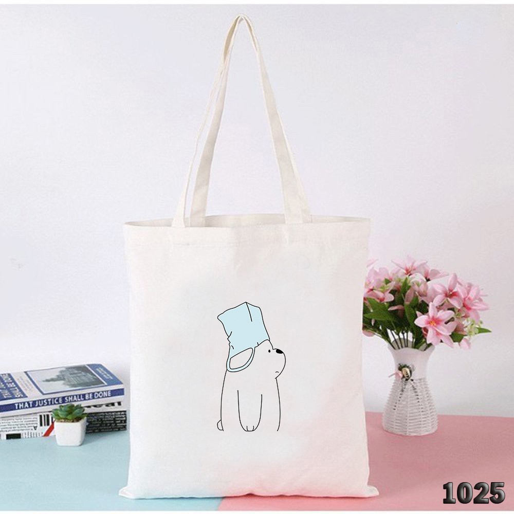 Túi Tote Trắng Chất Vải Canvas 512 1025 Bear Ngáo Ngơ Dễ Thương Hàng Chuẩn Đẹp - Hazo