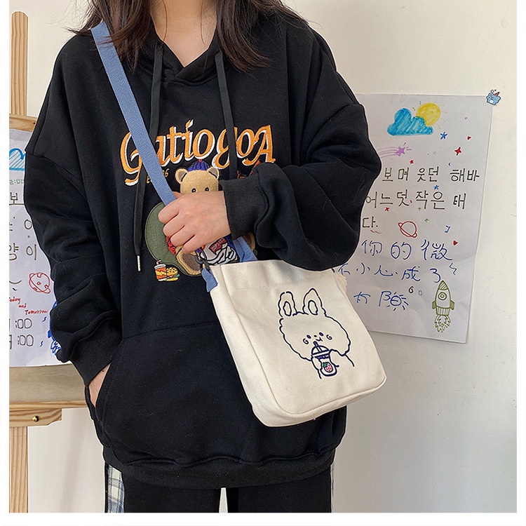 Túi vải tote họa tiết hoạt hình gấu uống trà sữa túi xách nữ canvas HOT HIT T31
