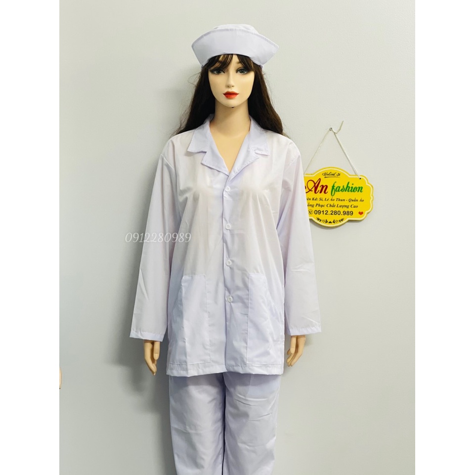 Áo Blouse Trắng ngành y tay dài 2 túi xéo phía trước _ Hình chụp thật