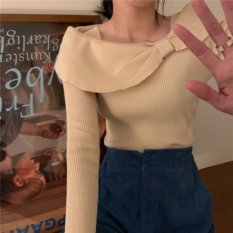Áo sweater dệt kim dài tay dáng ôm đính nơ quyến rũ cho nữ