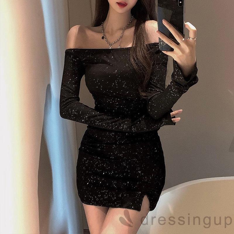 Đầm ôm dáng trễ vai màu đen đính đá thời trang cho nữ