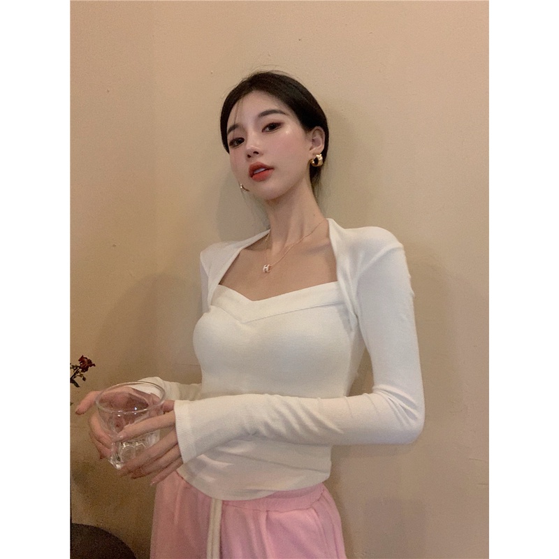 QKOOLE  Áo thun tay dài cổ chữ V màu trơn phong cách Hàn Quốc thời trang cho nữ