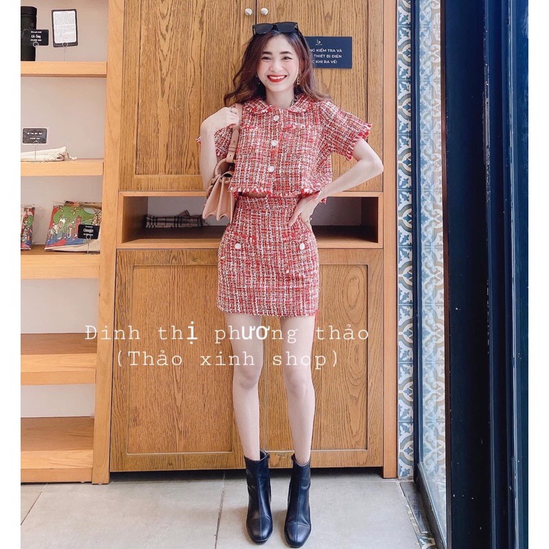 Set áo croptop bố đỏ ánh kim nút ngọc + chân váy chữ A túi