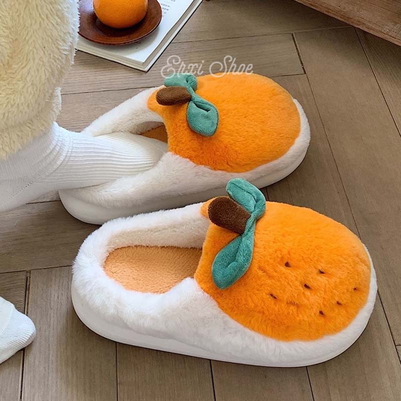 Oeteo Dép Bông Đi Trong Nhà Đế Dày Mũi Tròn Màu Cam Cho Nữ