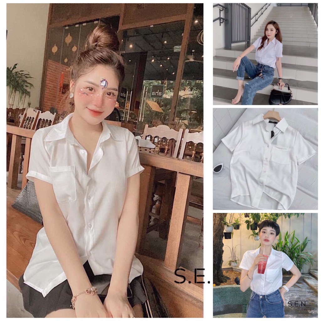 Áo sơ mi công sở dáng suông chất vải đẹp áo sơ mi cộc túi ngực trời trang Banamo Fashion sơ mi cộc 321