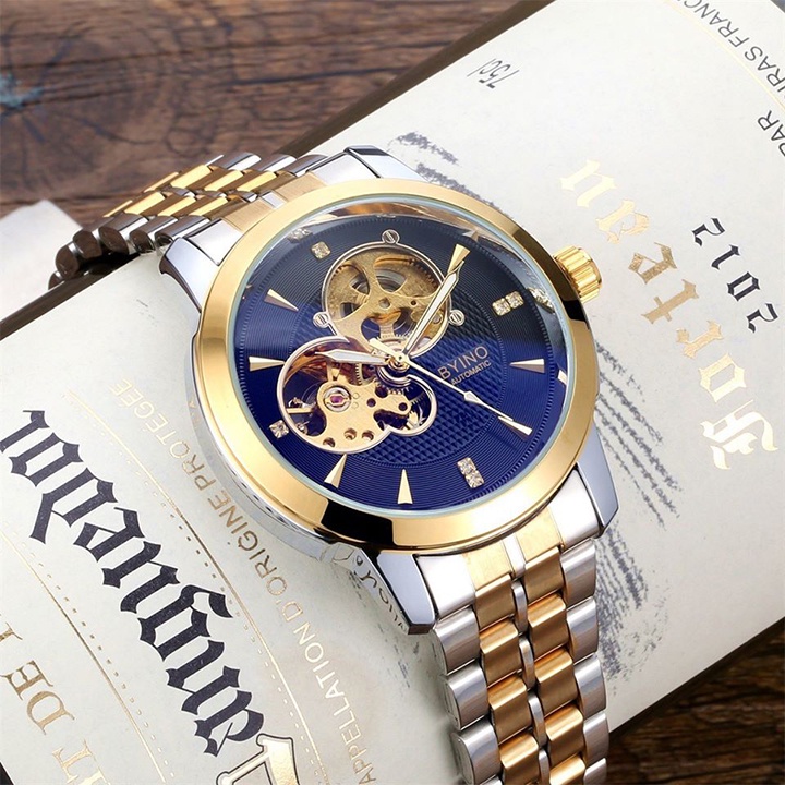Đồng hồ cơ automatic nam Byino dây thép không gỉ, mặt vân, cơ lộ máy chính hãng sang trọng lịch lãm [