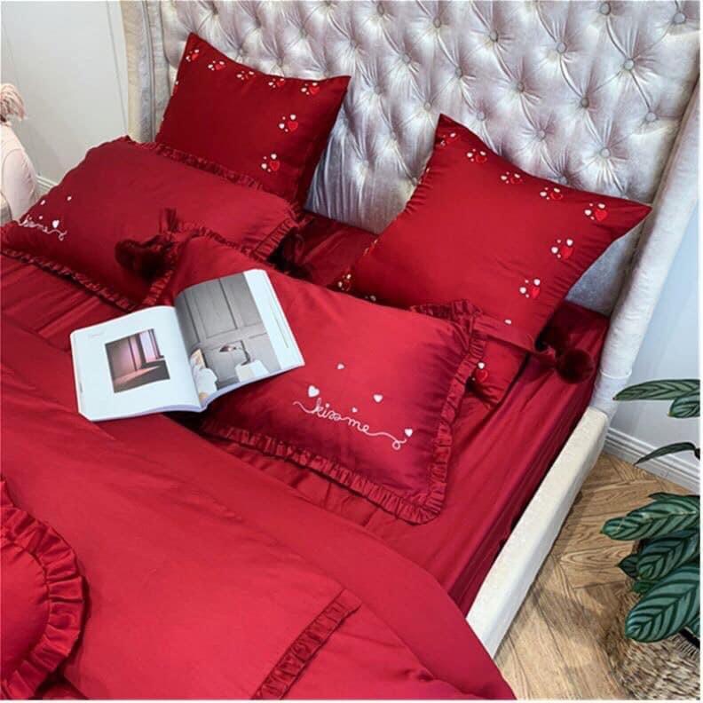 Bộ chăn ga gối cao cấp cotton lụa thêu 60s Kiss Me 7 món