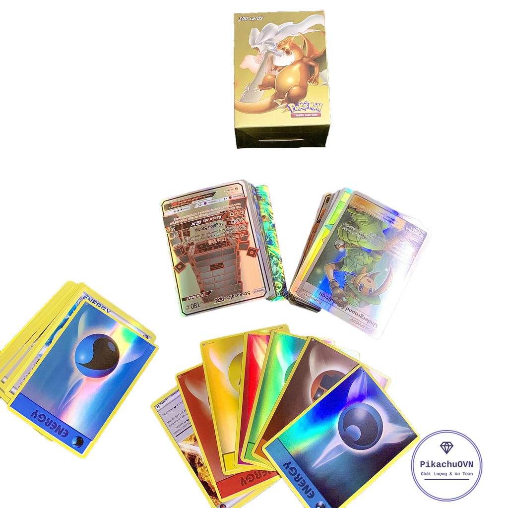 Bộ Thẻ Bài Chơi Pokemon 100 Thẻ (50Gx, 20Mega, 20Energy, 10trainer) Chơi Đối Kháng New Đẹp