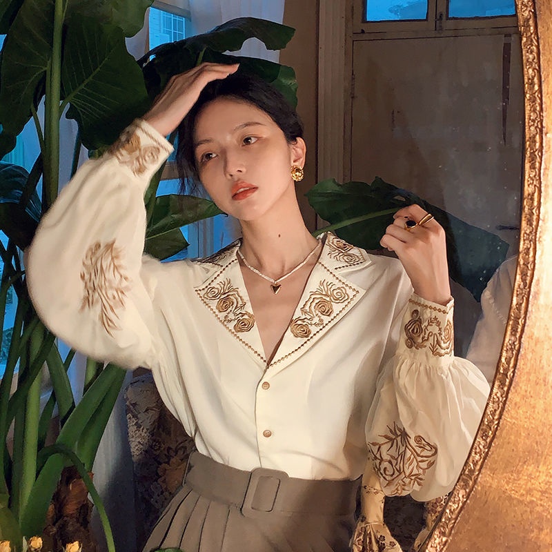 FXDAZI Áo Sơ Mi Tay Phồng Thêu Họa Tiết Phong Cách Pháp Cổ Điển Mẫu Mới Thời Trang Mùa Thu Cho Nữ 2022