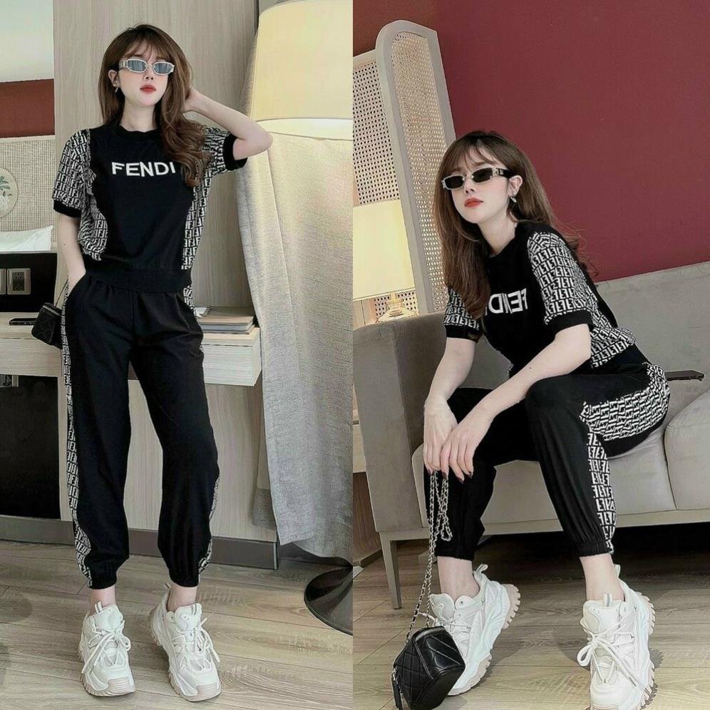 Đồ Bộ Thể Thao Nữ Quần Dài, Bộ Thun Cotton Nữ Form Rộng Thêu Ký Tự Chữ Chất Thun Co Giãn