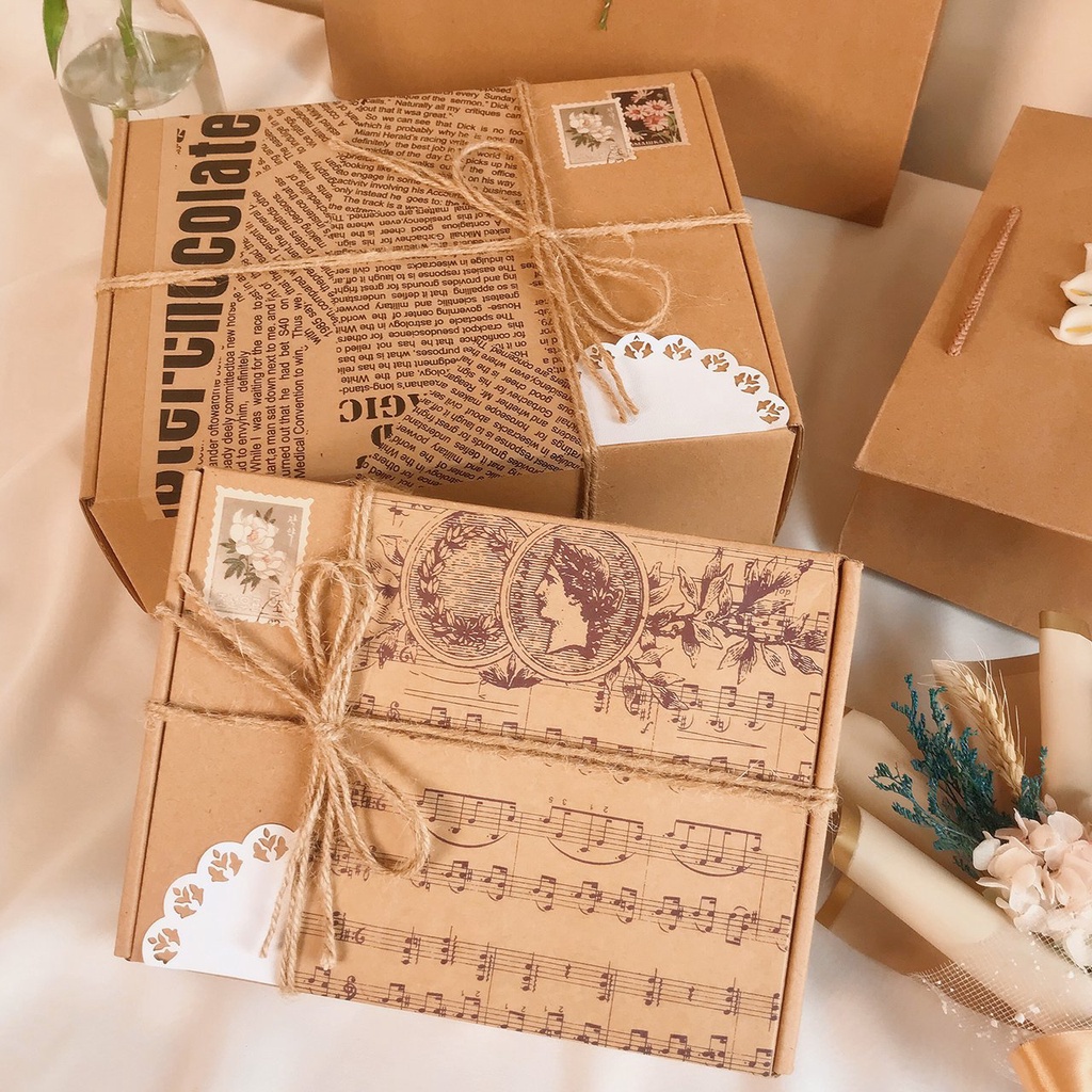 Hộp đựng quà kraft báo cổ điển Vintage trang trí Bullet journal đựng quà tặng kèm túi quà kraft