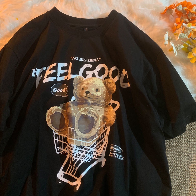 Áo Thun Cotton Ngắn Tay Dáng Rộng In Hình Gấu Kiểu Retro Mỹ Cá Tính Cho Nam Và Nữ
