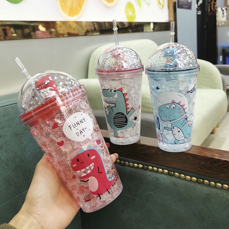 Cốc kim tuyến Khủng Long kèm ống hút KL026