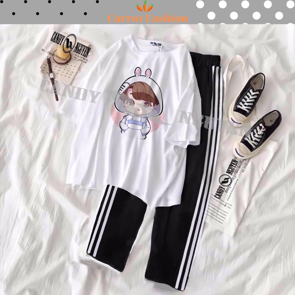 Hàng Loại 1: Set Đồ Nữ Đi Chơi Đi Học CARROT FASHION, Sét Đồ Bộ Nữ Cotton In Chipi Thỏ Mix Quần Thun Ống Rộng Hai Sọc