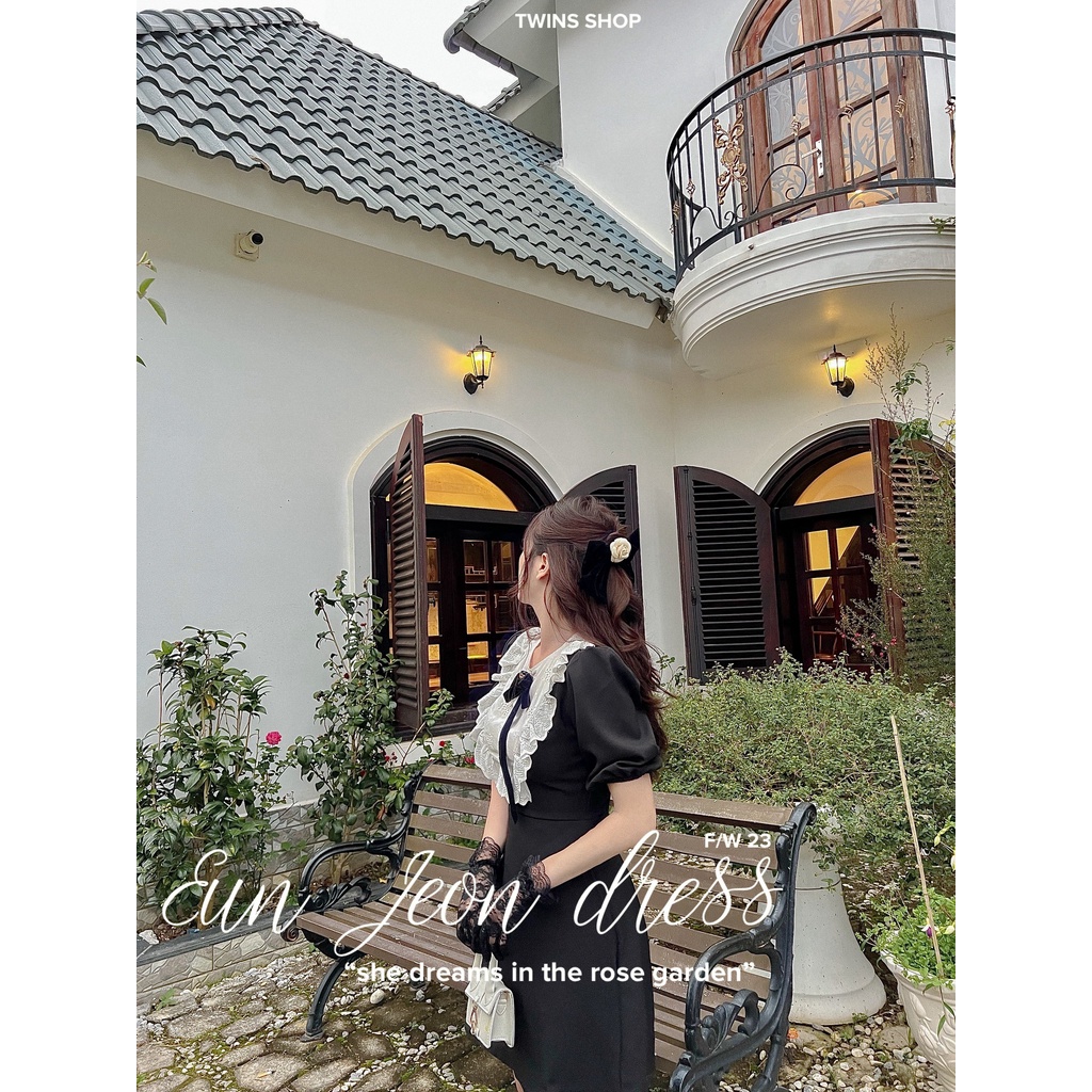 Đầm tay bồng cổ ren trắng kèm tag ( Eun jeon dress by Twins)