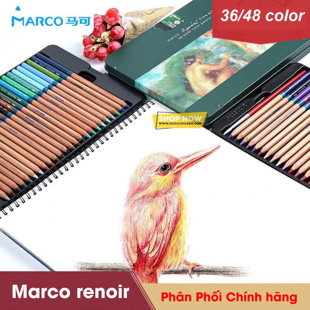 [DA ĐEN] Chì Màu Nước Marco Renoir 36/48/72/100 Màu Hộp Thiếc