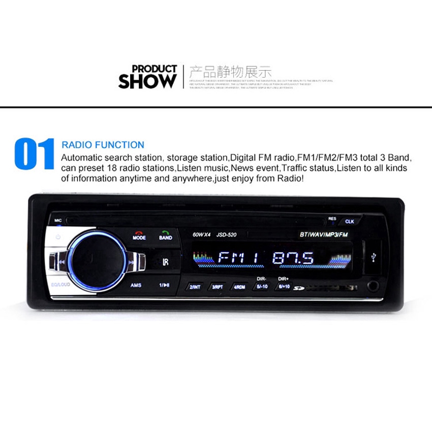 Máy phát MP3/ FM/ USB/ SD/ AUX-IN bluetooth JSD520 24V âm thanh nổi dành cho xe hơi