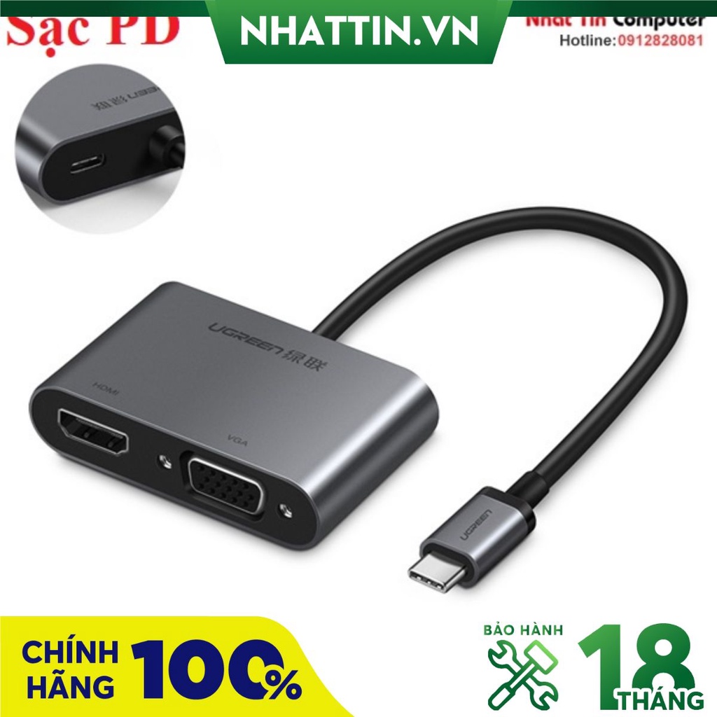 Cáp chuyển đổi USB Type-C to HDMI/VGA/Sạc PD 4K30Hz Ugreen 50505 cao cấp